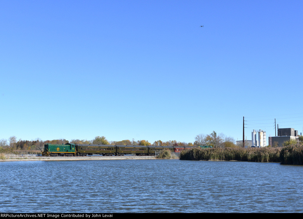 The Baldwin pushing the consist along the causeway